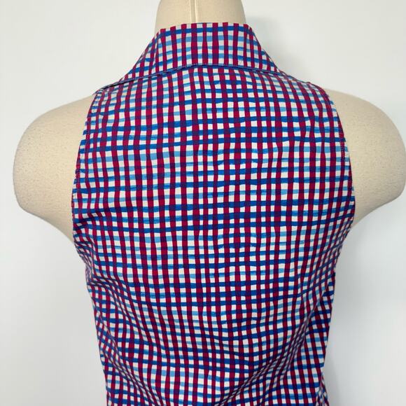Prada Gingham Print Cotton Button-Down Sleeveless Shirt Top Red/White/Blue US 2 - Picture 4 of 10